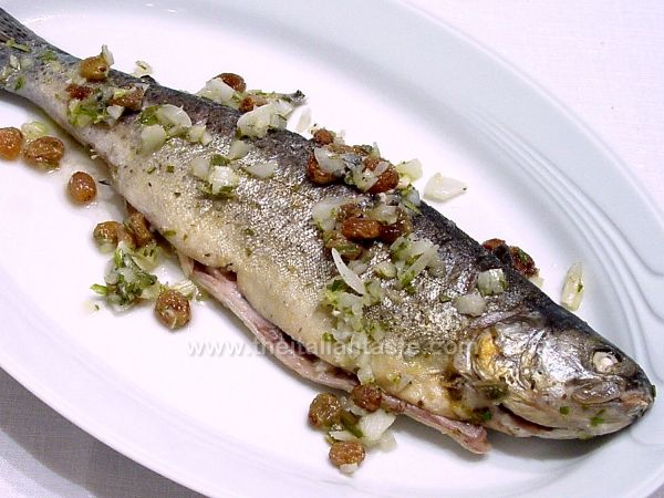 Poached trout with herbs and sultanas