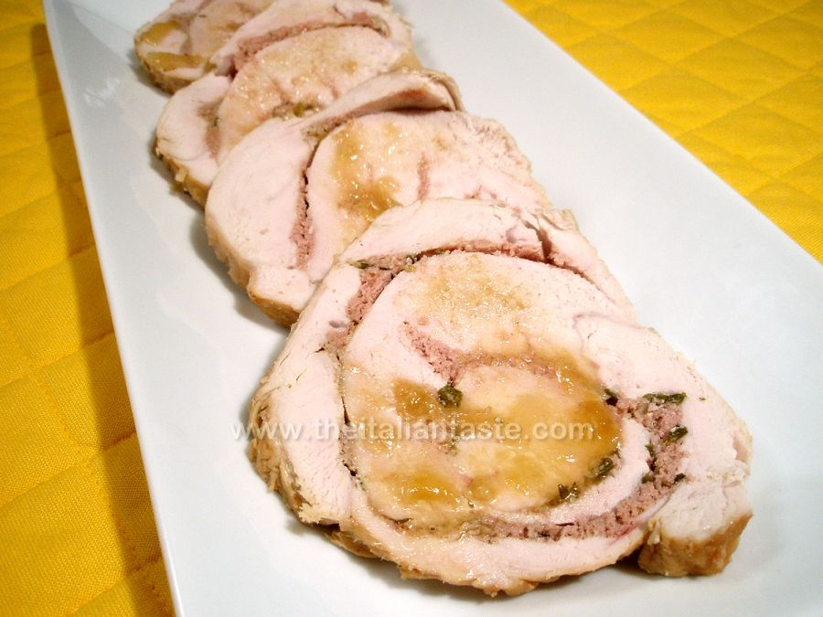 Rolled roast turkey breast filled with frankfurter and mushrooms