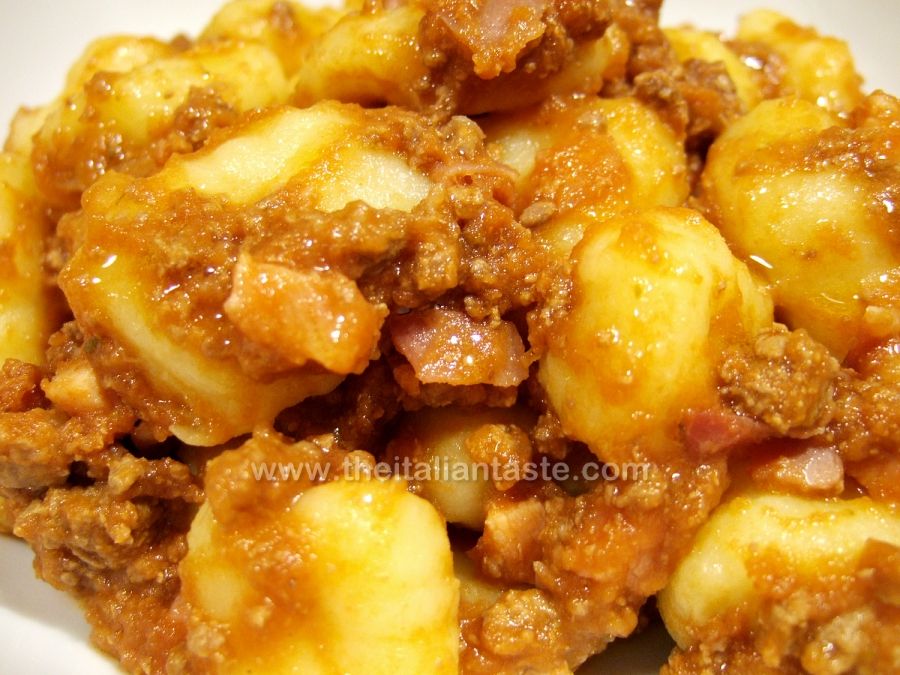 Gnocchi sauce with ground beef and salami